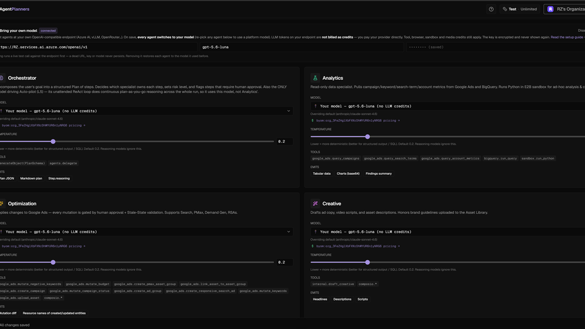 Agent Planners settings showing a customer-managed AI model endpoint and per-agent model selection.
