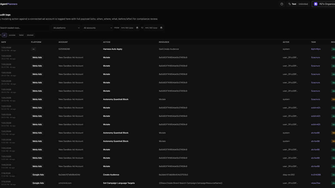 Agent Planners workspace showing tasks, reusable skills, and a detailed execution log.